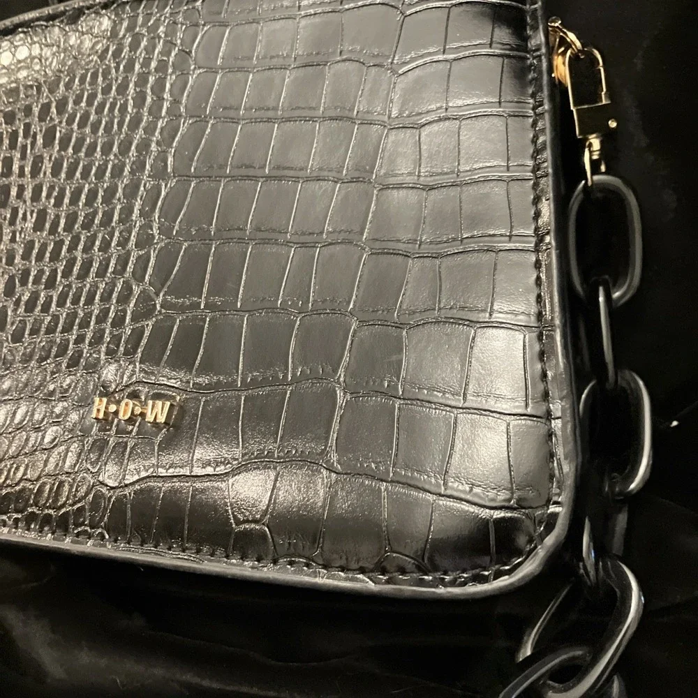 HOUSE OF WANT Newbie Satchel Bag Black Gold Hardware Croc Vegan Leather Purse